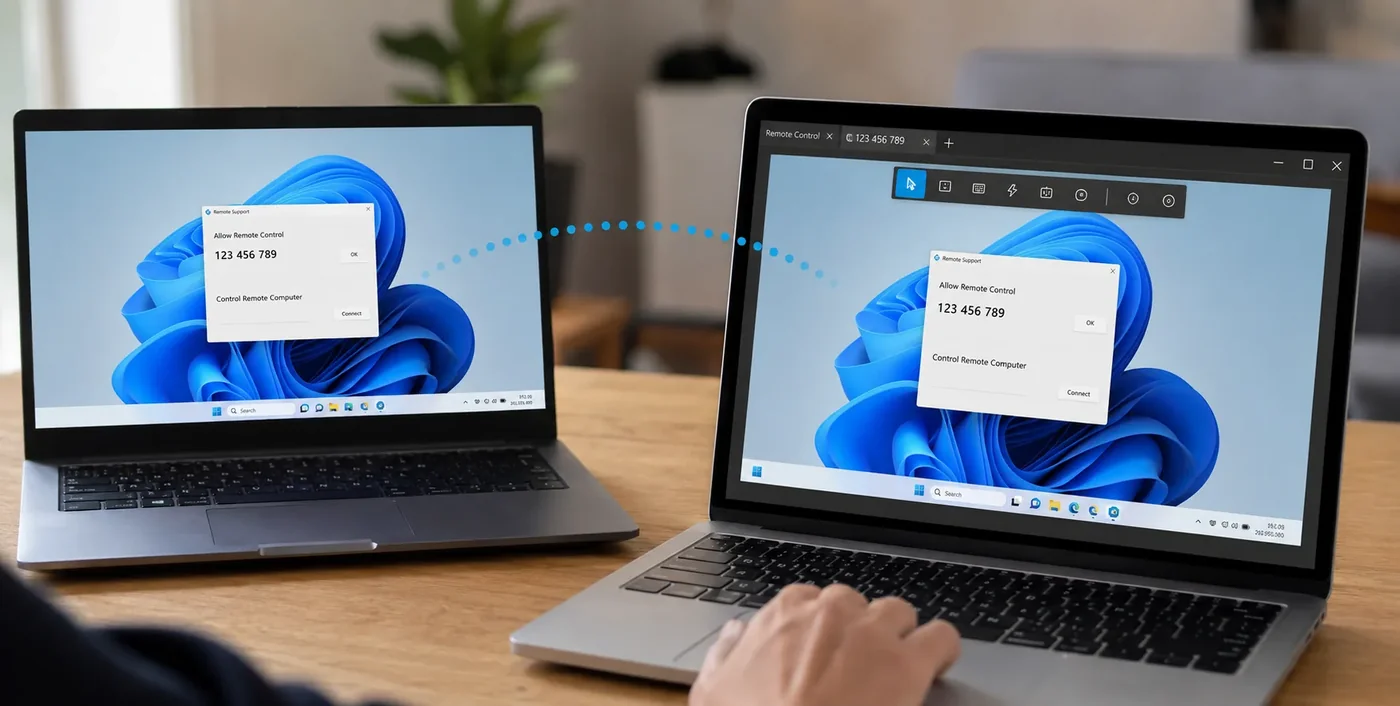 Assistance à distance : le client autorise la connexion avec un code, le technicien accède à l'écran